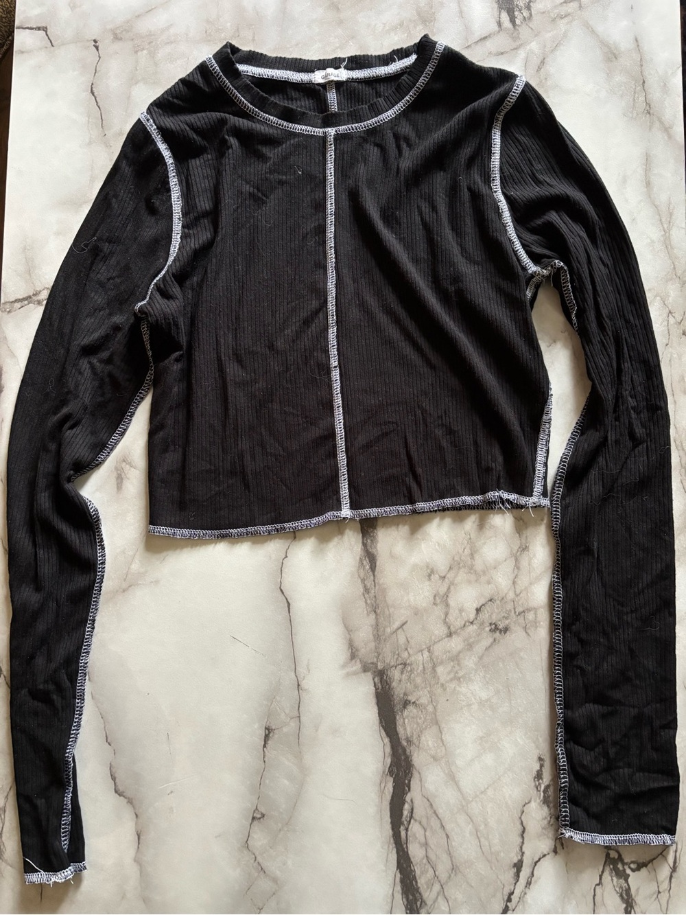 Garage Black Long Sleeve Crop Top with Contrast Stitching